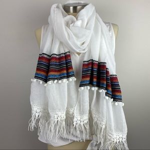 2/$10 White with Striped Colors/ Pom-Pom Scarf